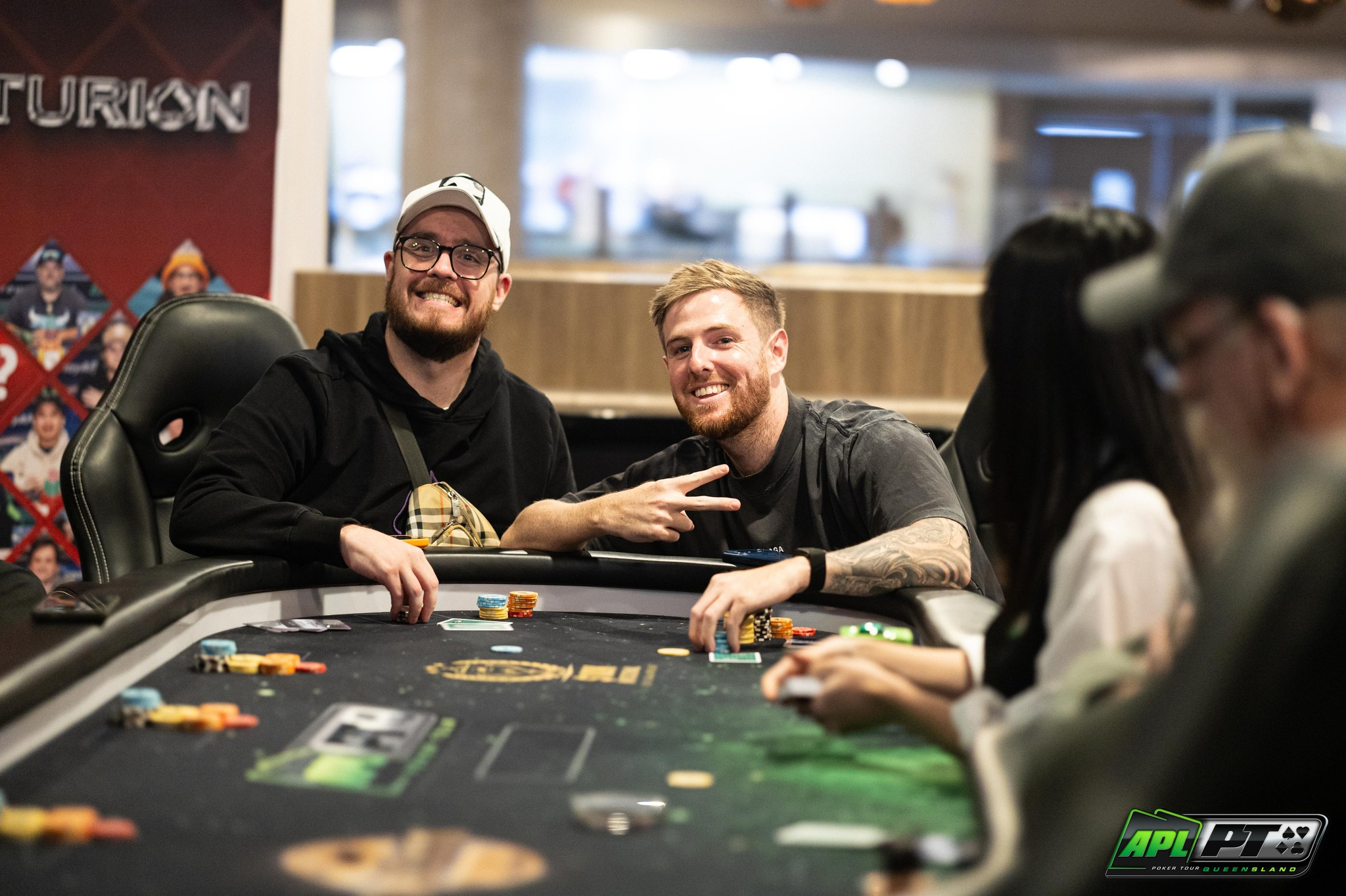 Poker night — packed table, dealer + host